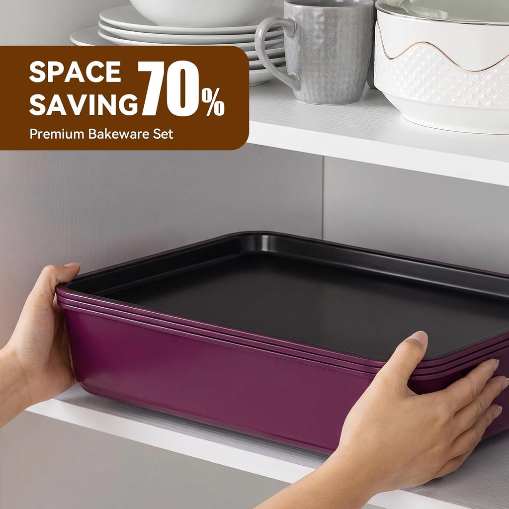 13-Piece Pans Set, Nonstick Bakeware Sets, Plum | Includes Cookie Sheet with Rack, Cake Pan, Loaf Pan, Roasting Pan