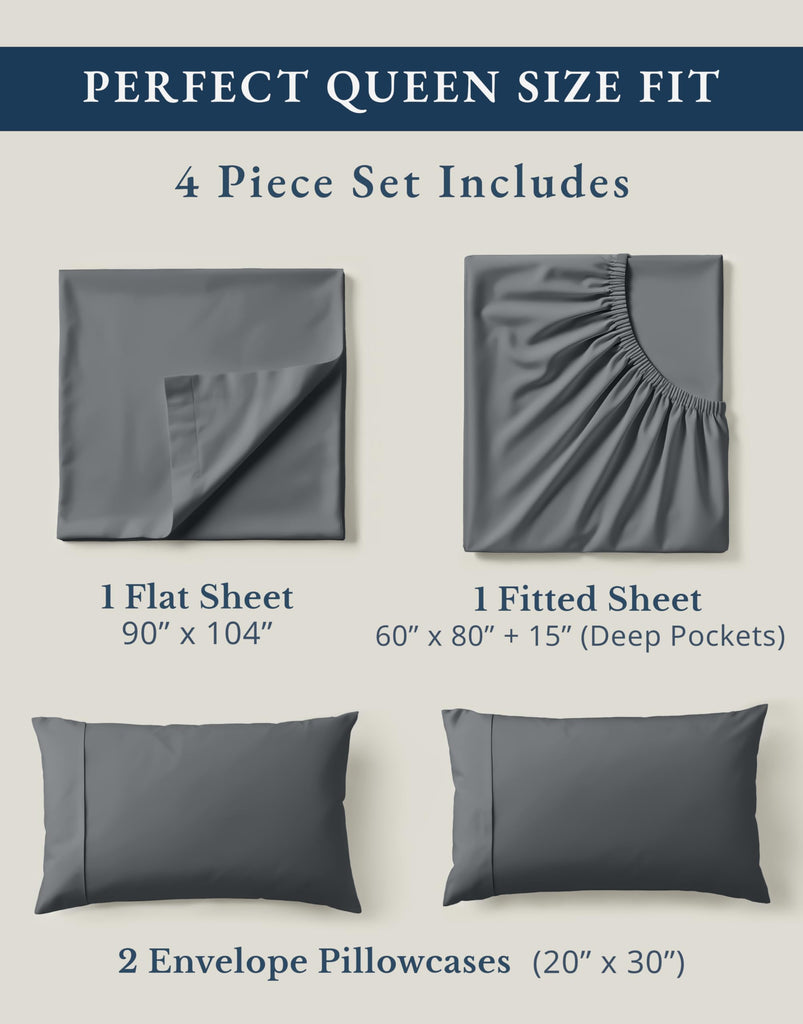 Queen Bed Sheet Set 100% Organic Cotton Cooling Soft - Charcoal