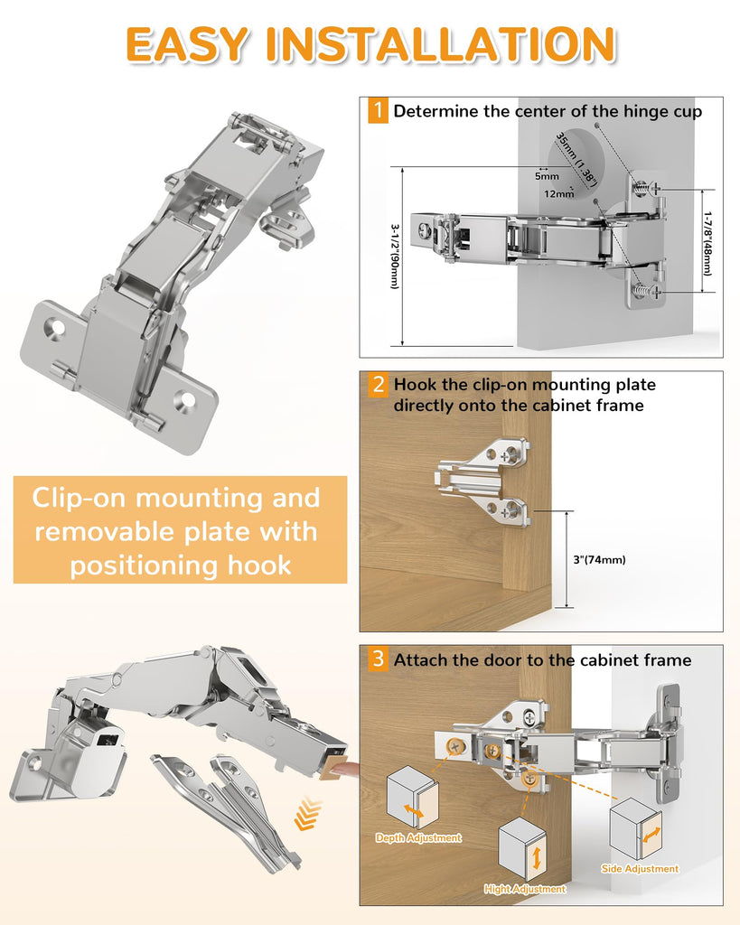 4 Pack 180 Degree Soft Close Cabinet Hinges, Lazy Susan & Kitchen Corner, 48mm Hole Distance, Concealed Face Frame &
