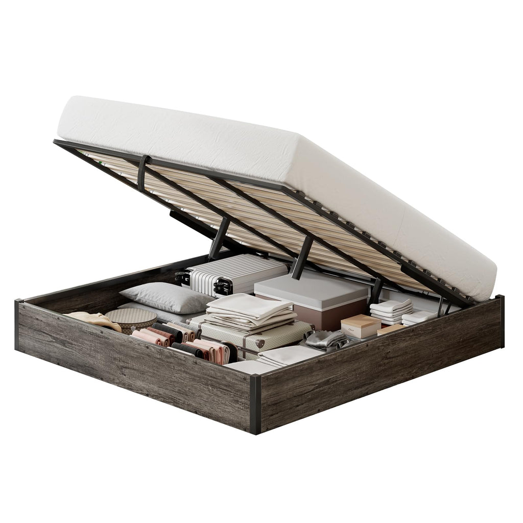 Bed Frame with Lift Up Storage, Rustic Grey