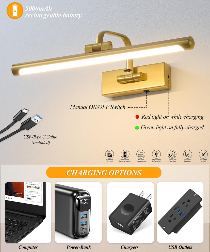 Wireless Picture Light for Wall, Rechargeable Light for Pictures with Remote & Timer, 16 Inch Dimmable Gold Art Light