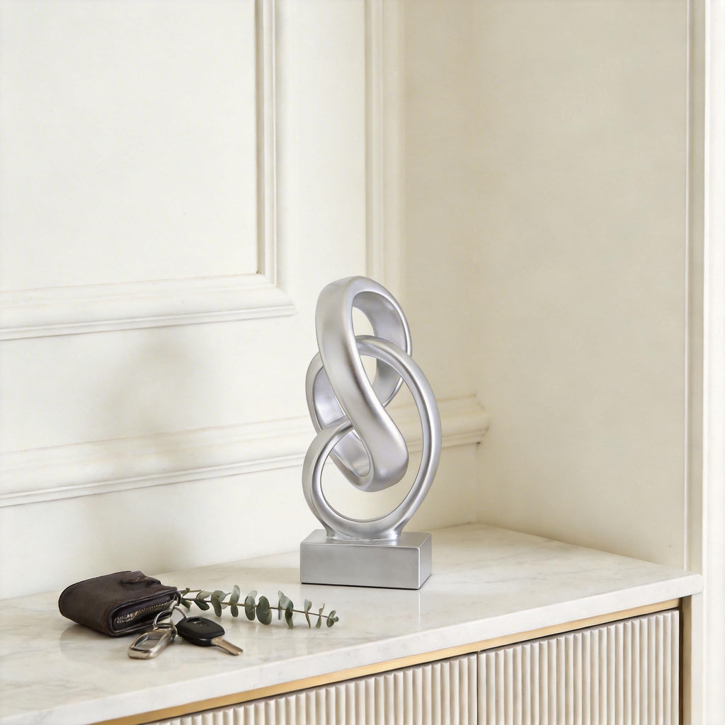 Modern Abstract Knot Sculpture, Artistic Mobius Inspired Resin Decor, Elegant Home and Office Decor, (Silver)