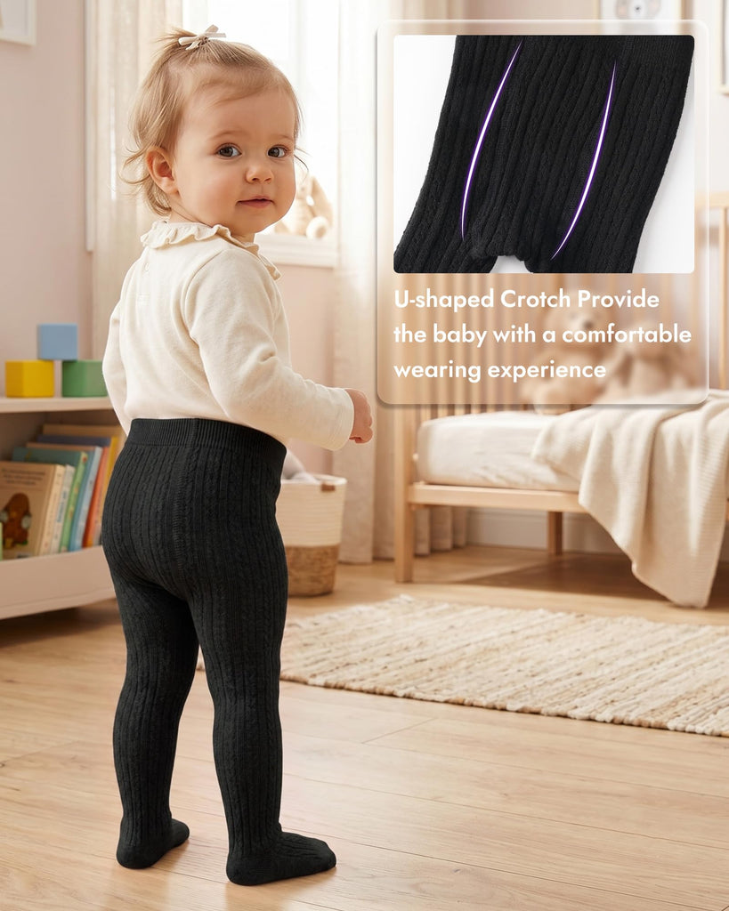 3 Pack Baby Girls Tights Cable Knit Leggings Stockings (US, Age - Black+White+Khaki)