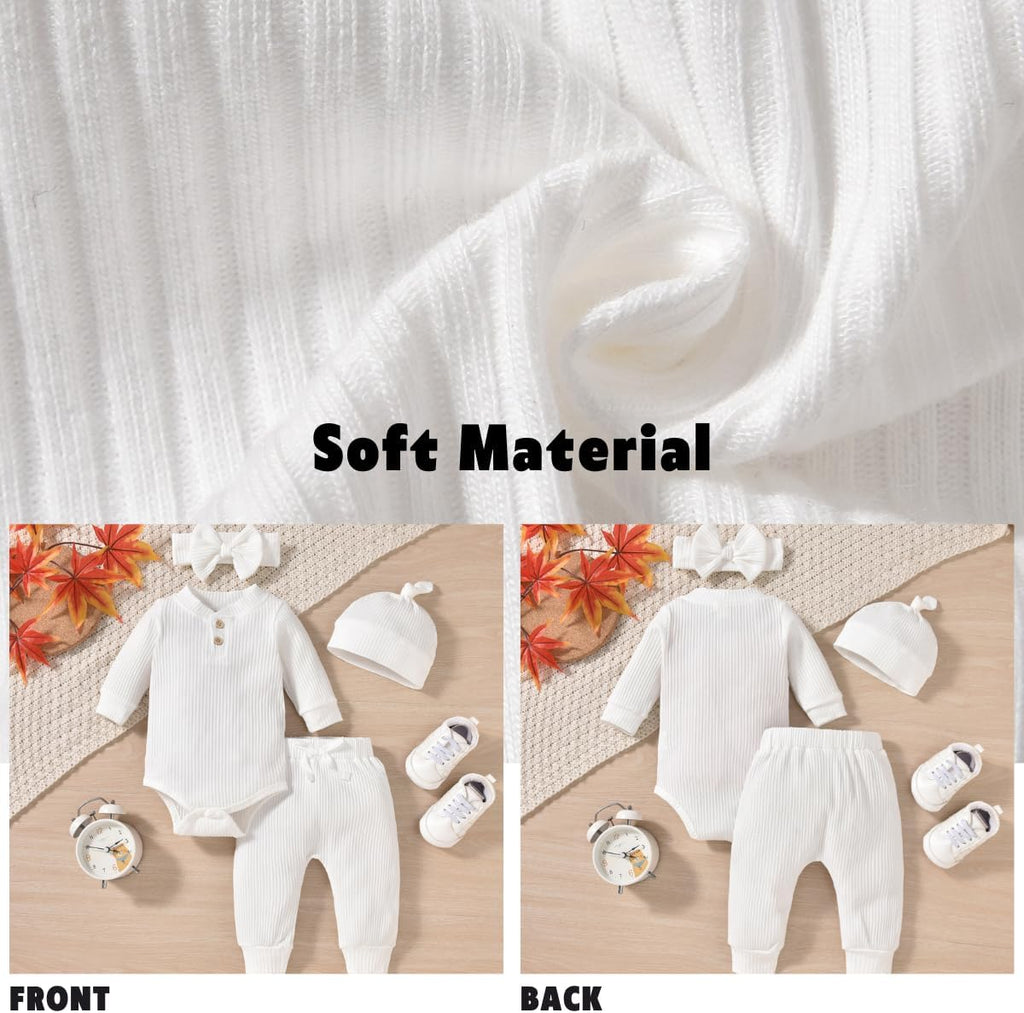 Gender Neutral Long Sleeve Baby Ribbed Outfit with Hat & Headband
