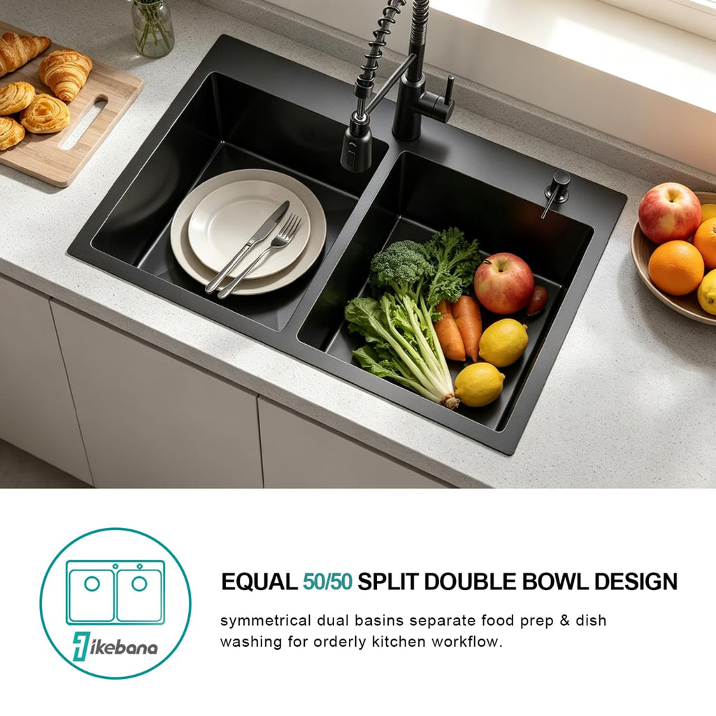 33x22 Inch 50/50 Double Bowl Black Drop In, 16 Gauge Gunmetal Stainless Steel Top Mount with Grid, Drain and