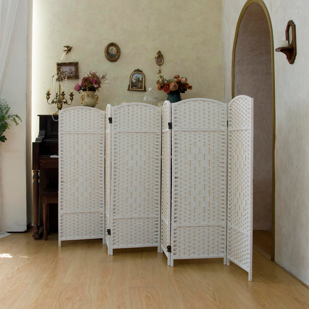 Compact 6 Panel Short Room Divider, 47.2 Inch Tall Double-Sided Rattan Folding Privacy Screen, White