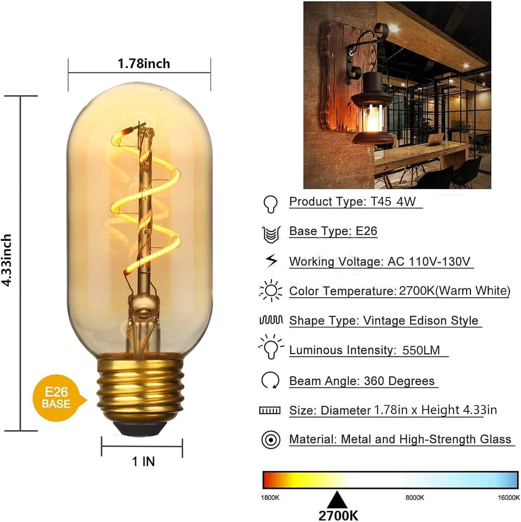 4 Pack T45/T14 LED Light Bulbs, 4W 2700k 550Lm Vintage Edison Bulbs 40 Watt Equivalent, Amber Tube Bulbs Warm