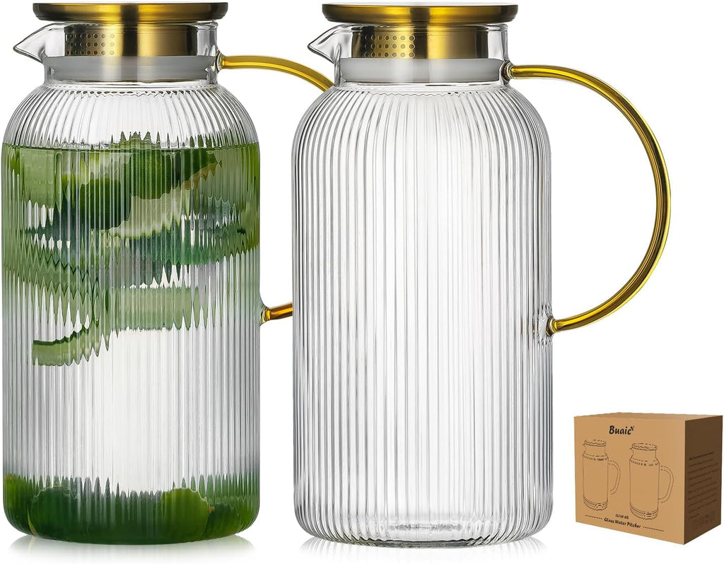 2 PACK Glass Pitcher with Lid, 68 oz/ 2L Classic Vertical Stripes Water Pitcher with Handle,Glass Water Carafe for