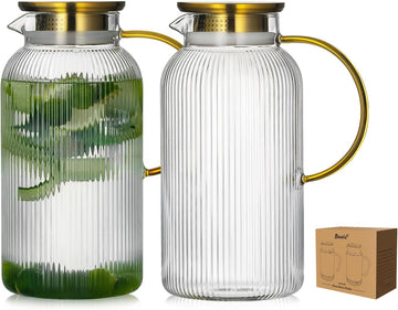 2 PACK Glass Pitcher with Lid, 68 oz/ 2L Classic Vertical Stripes Water Pitcher with Handle,Glass Water Carafe for