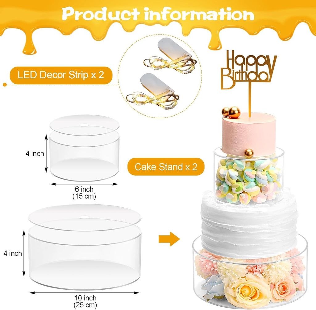 Acrylic Cake Stand with Lid Fillable Cake Stand Floating Clear Cake Stand Cake Riser Cake Tier Round Cake Stand - Set of 2