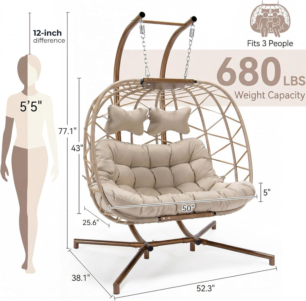 Double Egg Chair Outdoor Indoor, Oversized 2 Person Swing with Stand, All-Weather Large Wicker Hanging Loveseat