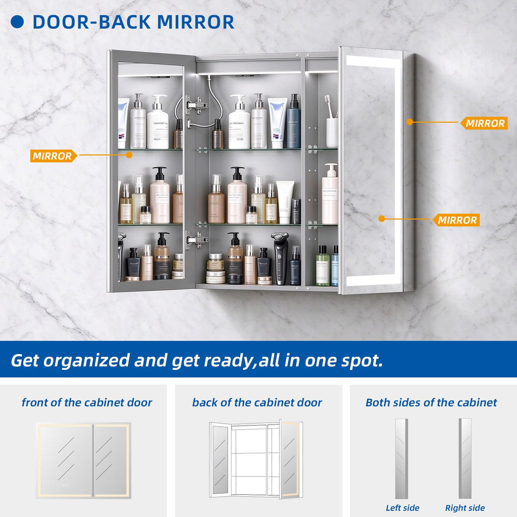 LED Bathroom Medicine Cabinet Mirror with Lights, 30'' x 26'' Aluminum Frame with Sockets & USBs, Anti-Fog Dimmable