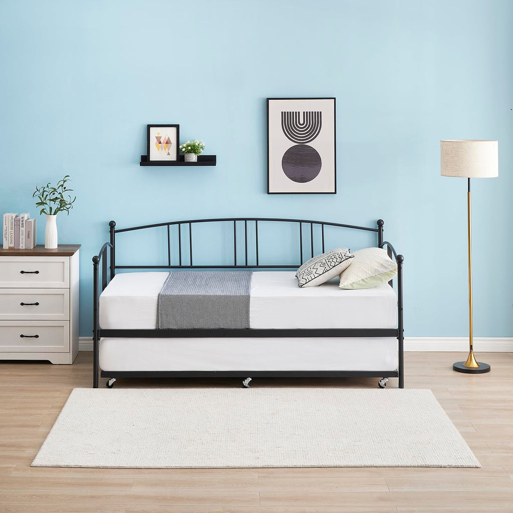 Twin Metal Daybed with Trundle, Pullout Trundle Bed Frame with Arched Headboard, Guest Sofa Bed with Steel Slat