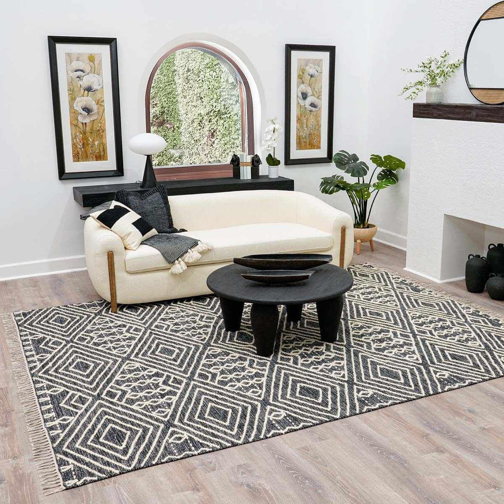 Sumac Living Room, Bedroom Area Rug - Geometric Diamond Tribal Trellis Border - Bohemian Transitional Tribal Boho