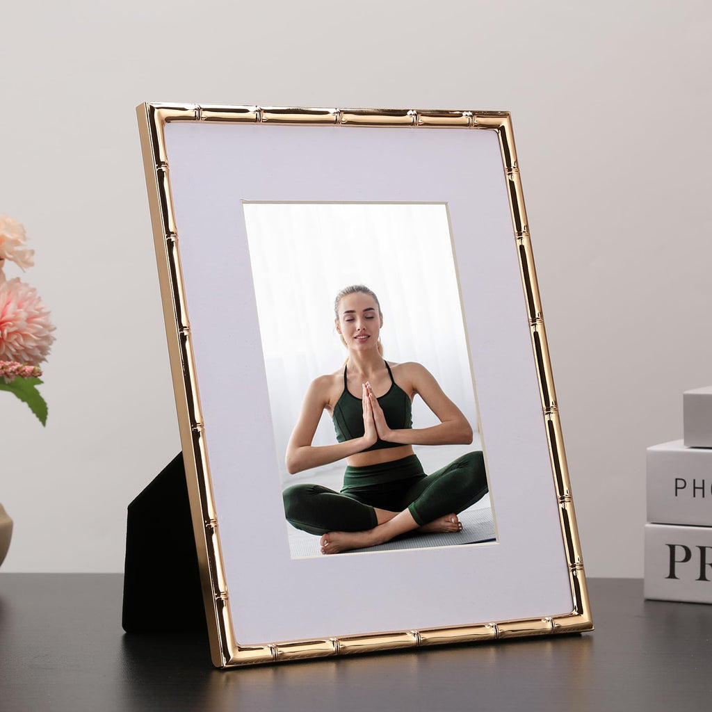 8x10'' Bamboo Detail Gold Metal Picture Frame with Acid Free Mat for 5x7'' Set of 2, Narrow Gold Plated Photo Frames 5