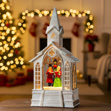 Christmas Snow Globe Lantern Musical Carolers Lighted Water Church, USB Lined/Battery Operated Lighted Lantern