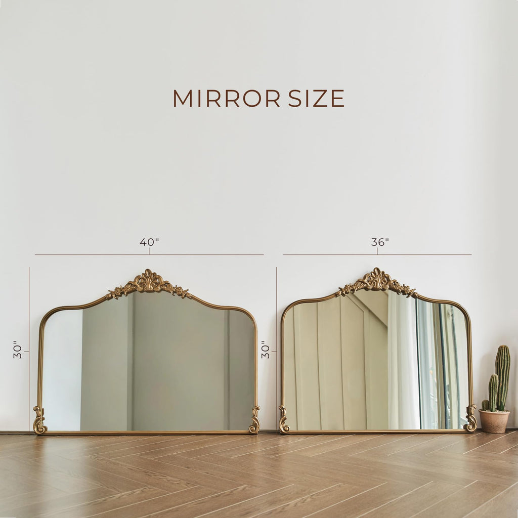 Vintage Gold Wall Mirror 36x30 Inch, Baroque Design, Ornate Arched Frame