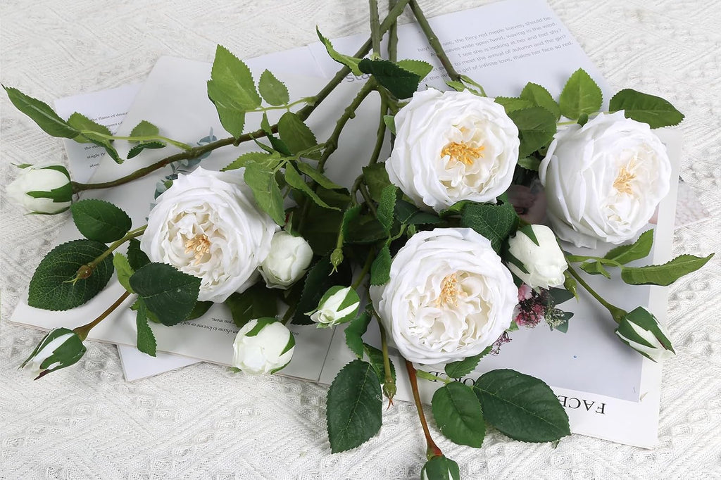 Real Touch White Austin Roses Peonies Artificial Flowers 4 Bouquets Latex Fake Peonies with Long Stem Realistic Faux - Set of 4