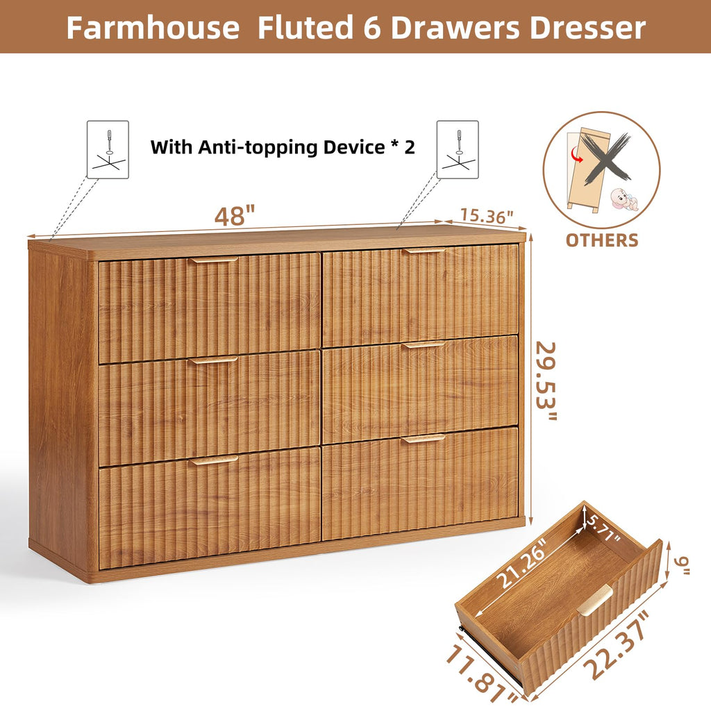 Fluted 6 Drawers, 48" Wide Farmhouse Chest of Drawers with Metal Handle, Curved Profile Modern Closet Organizer Wood