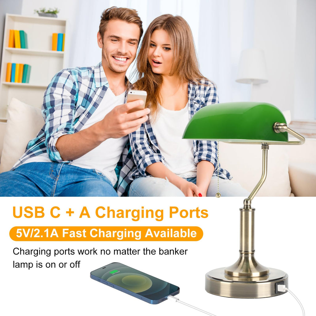 Bankers Lamp, Green Desk Lamp with Pull Chain Switch, Retro Lamp with USB and Type C Charging Ports, Vintage Lamp