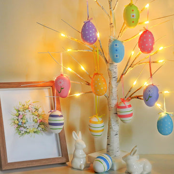 23.2" Lighted Birch Tree with Colored Egg Tree Ornaments, Easter Table Decor with Lights, Kids School Party - Set of 12
