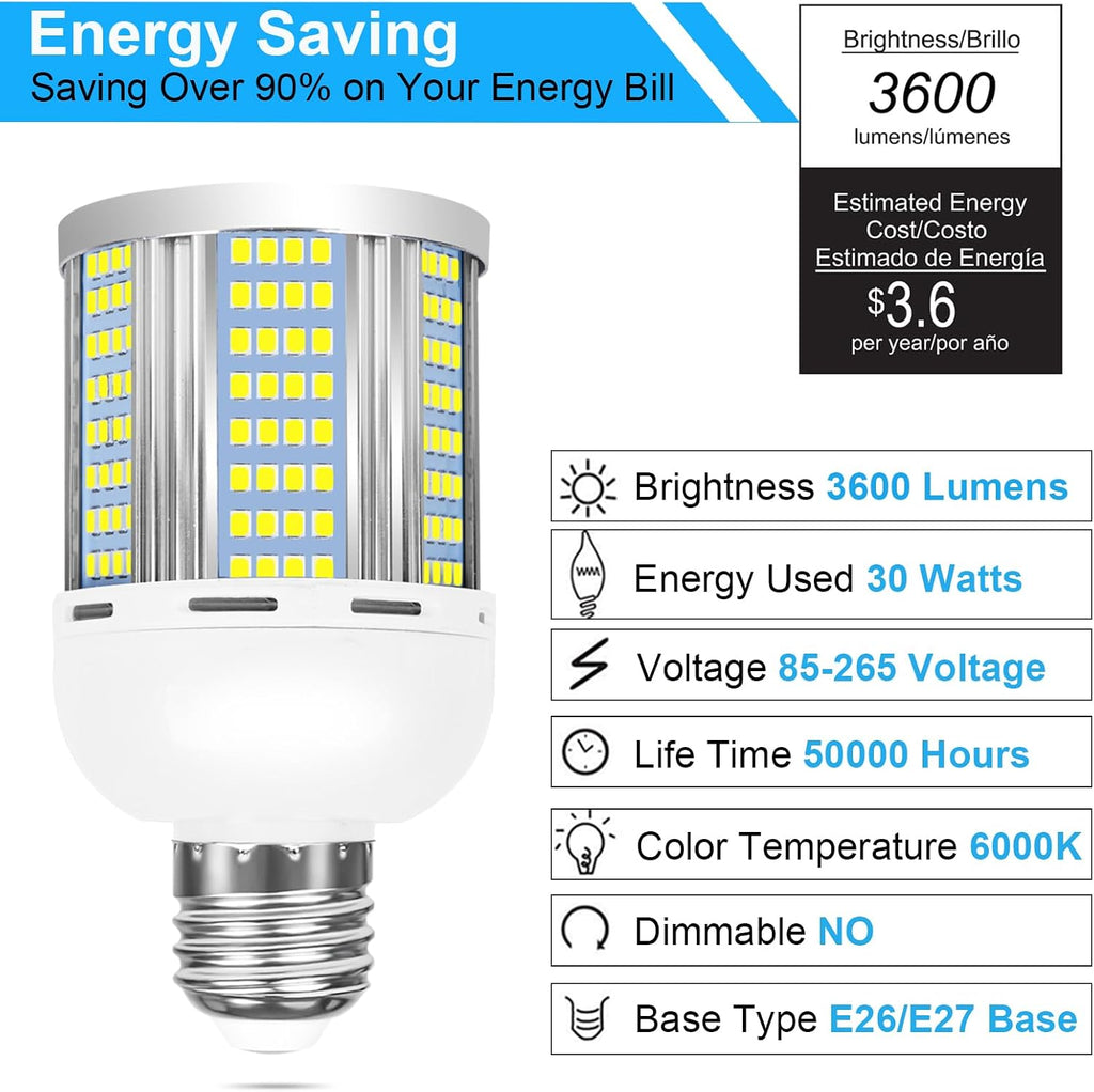 2 Pack 200W Equivalent Led Corn Light Bulb, 3600 Lumen 6000K Daylight 30W LED Corn Lamp, E26/E27 Medium Base