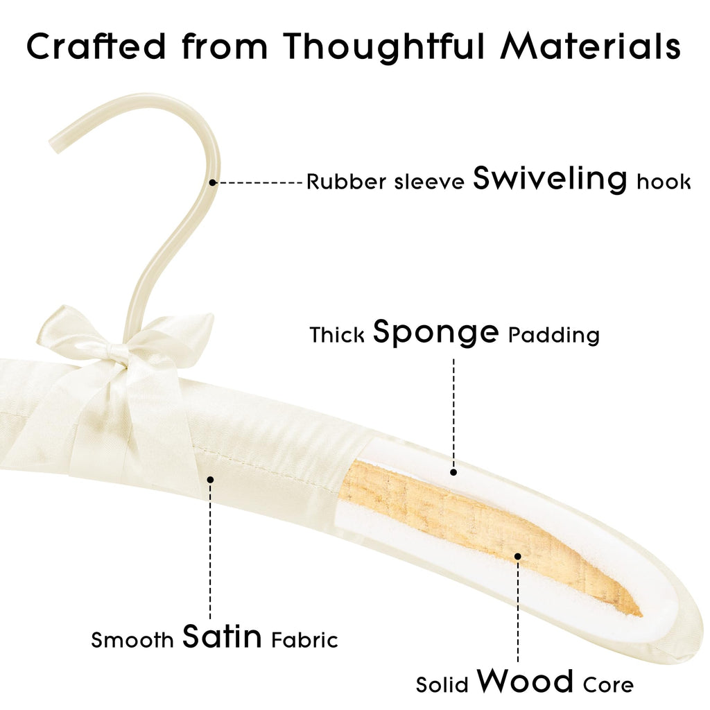 Women's Satin Padded Hangers - 15" Foam-Filled Wooden Clothes Hangers with No Shoulder Bumps, Bow Accent, for
