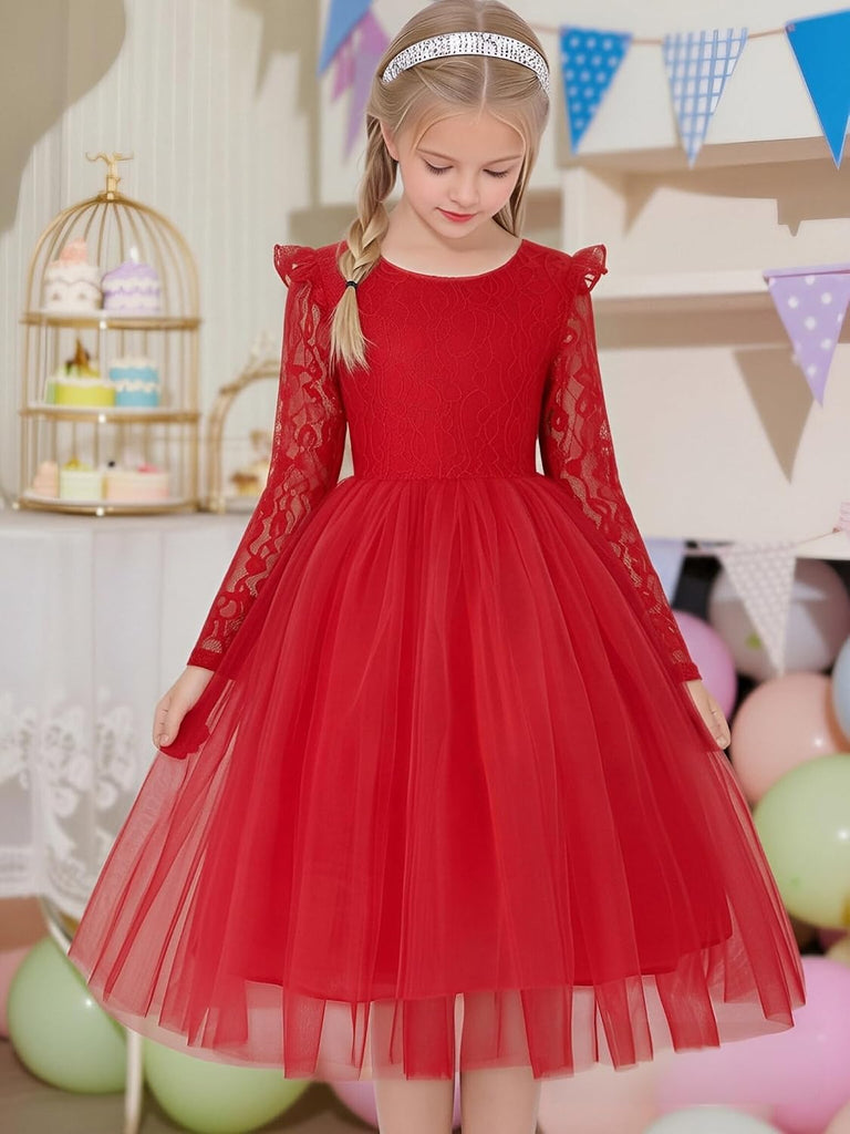 Flower Girls Dress Lace A-Line Long Sleeves Tulle Dresses