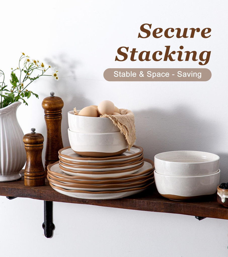 Plates and Bowls Set, 12 Pieces Farmhouse Ceramic Dinnerware Sets, Scratch Resistance, Dishwasher Microwave Safe