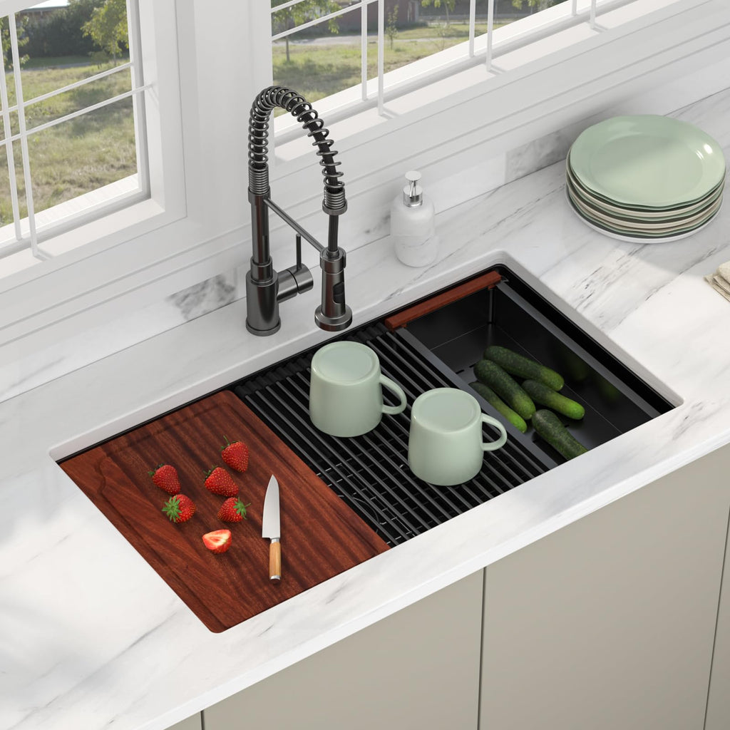 33 Inch Matte Black Undermount Kitchen Sink Workstation