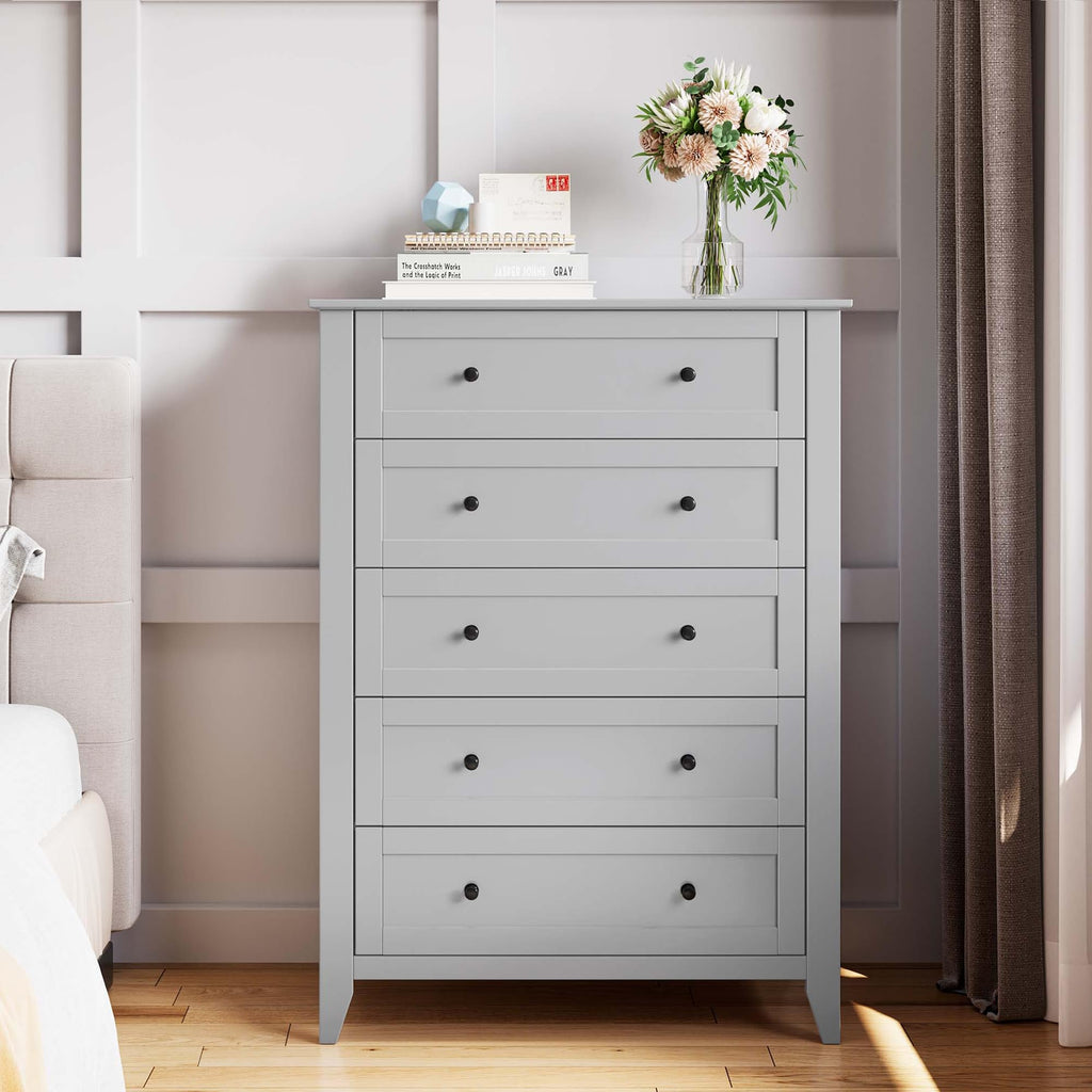 5 Drawer Dresser, Modern Tall Chest of Drawers with Metal Knobs, Wooden Clothes Storage Organizer for Closet