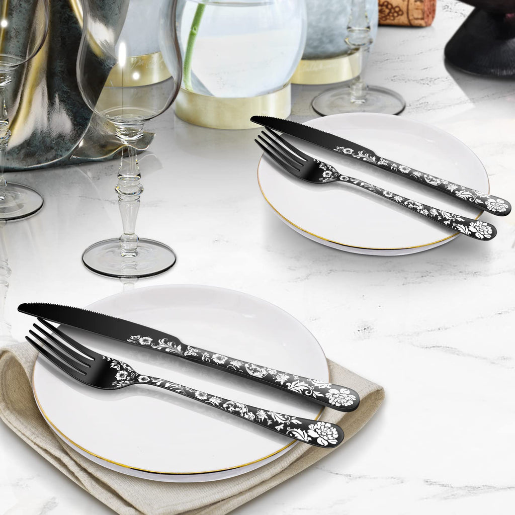 48-Piece Black Silverware Set with Steak Knife, Black Flatware Sets for 8, Stainless Steel Cutlery Set Includes Forks