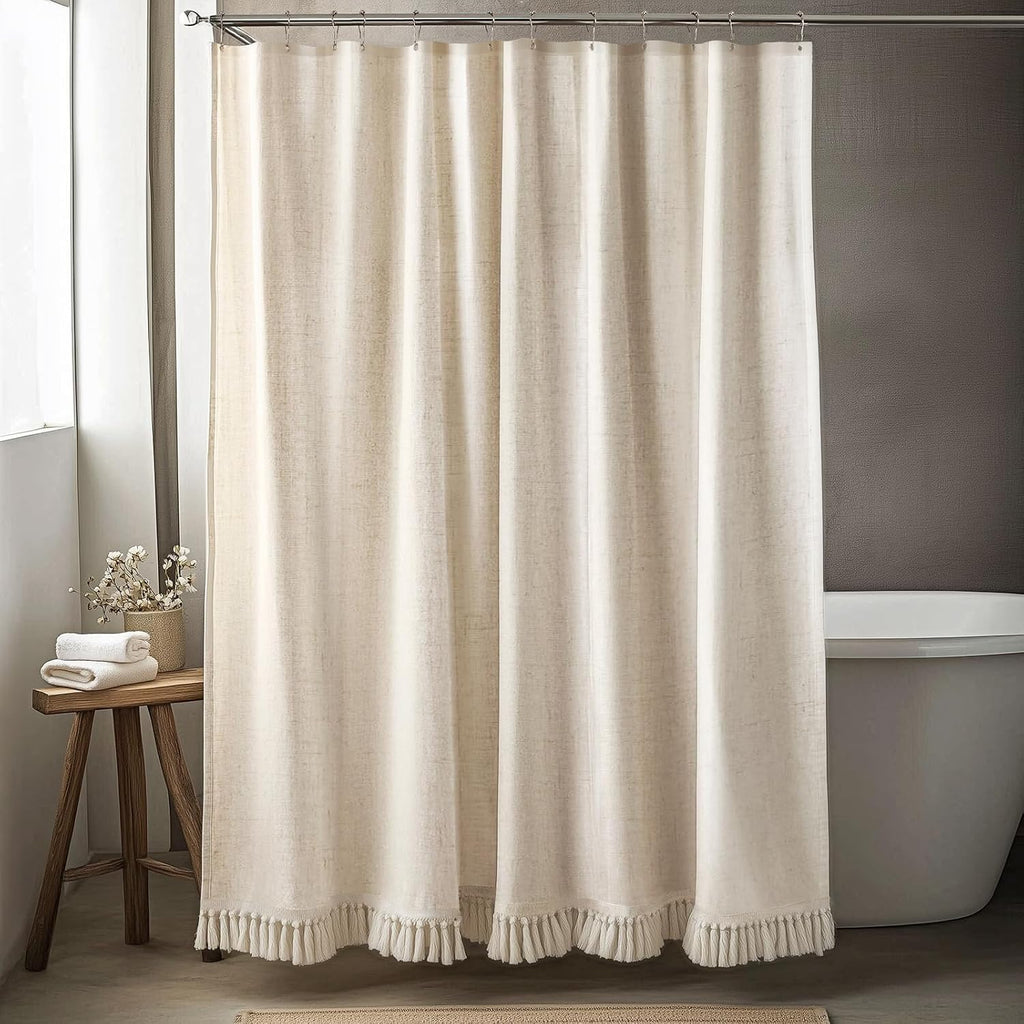 Linen Shower Curtain Boho Beige Shower Curtain with Tassels 72"W x 72"L | Thick linen-poly blend, soft textured