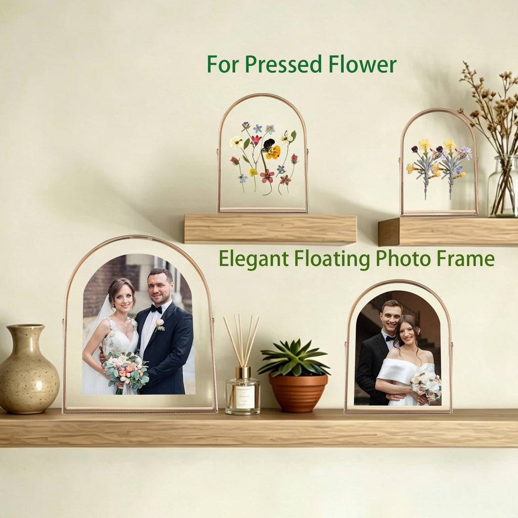 Gold 8x10'' Arched Floating Frame Set of 2, For Photo Sizes (5x7'', 6x8'', 7x9''), Beautiful Dry Flower Metal Beaded