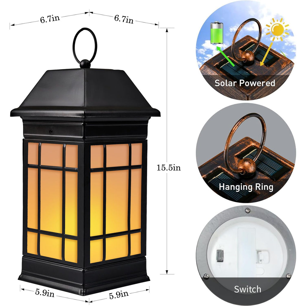 15.5" Solar Lantern Outdoor Waterproof, Glass Flickering Flame Solar Lanterns, Hanging Metal Lantern Decorative Front