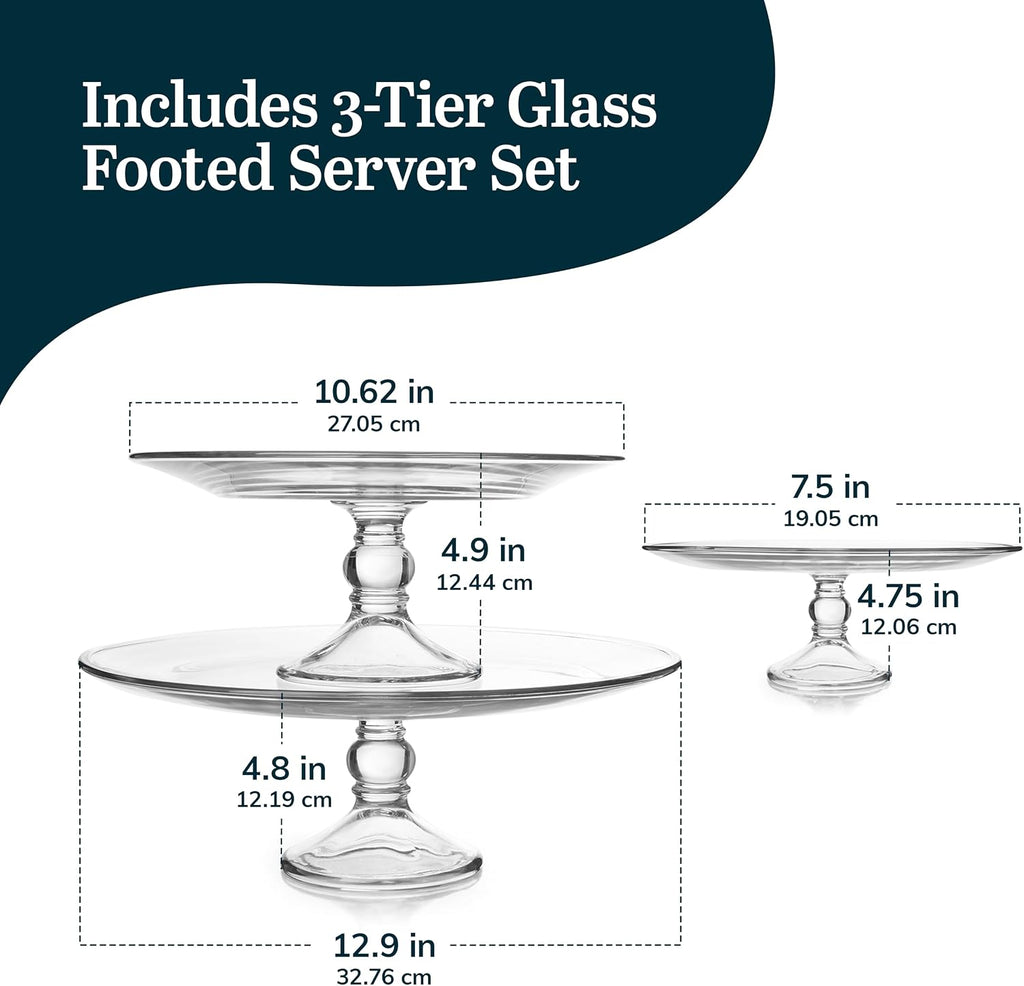 Selene 3 Tier Serving Stand Set, Elegant, Curvy Style Glass Dessert Stand, Dishwasher Safe 3 Tiered Dessert Stand - Set of 3