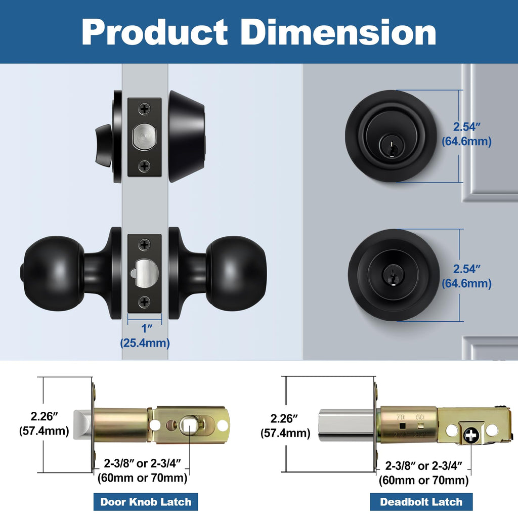 3 Pack Exterior Door Knob with Key Lock and Deadbolt, Keyed Alike