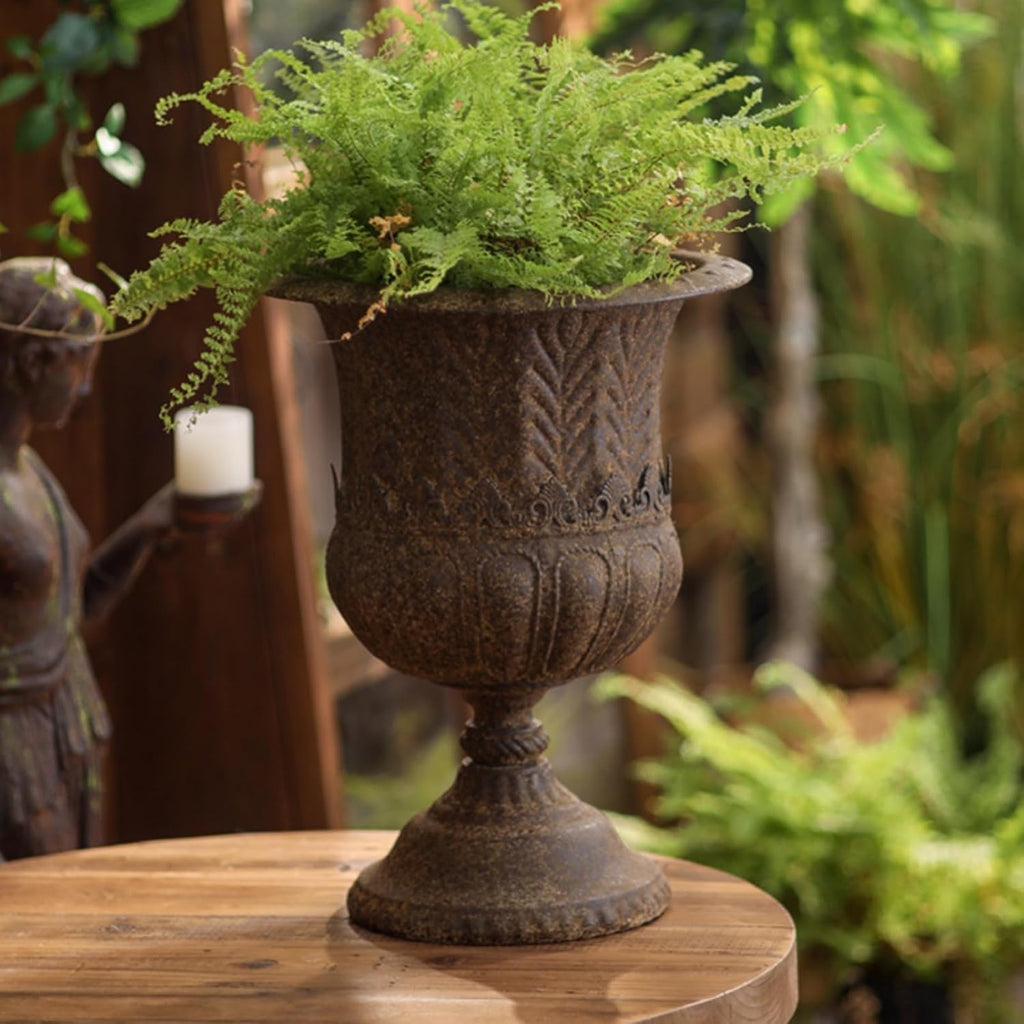 Outdoor Trophy Planter Urn Planter Vase Pedestal Pot Iron Construction with Embossed Banding and Distressed Finish