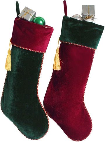 Set of 2 Pcs Burgundy & Green Velvet Vintage with Tassel Christmas Stocking, Xmas Tree Decor Festival Party Ornament