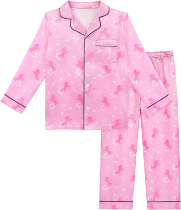 Satin Pajamas for Girls Silky Button-Down Sleepwear Unicorn Nightwear Loungewear PJS Clothes Set Gifts for Kids