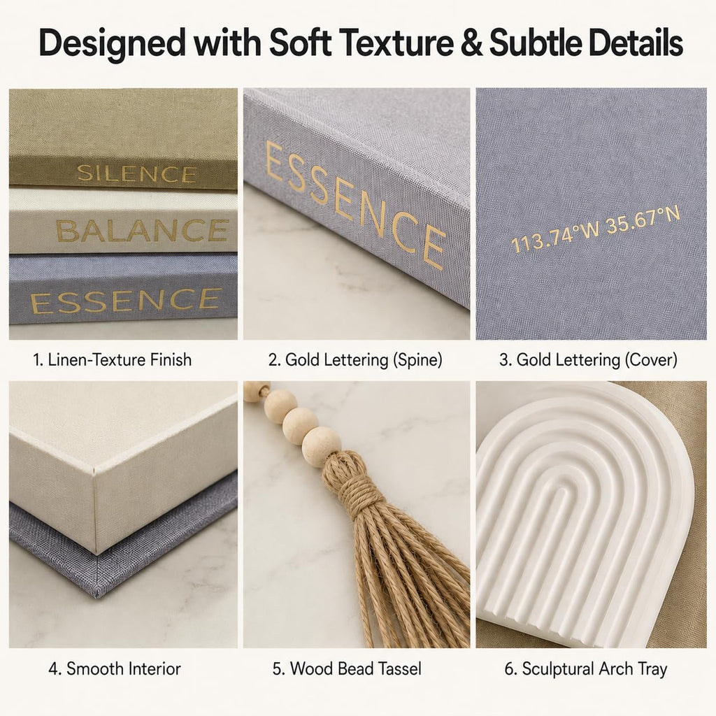 Decorative Linen Books Set of 3 with Tray and Wood Bead Tassel Ornament, Faux Books with Hidden Storage for Coffee