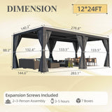Louvered Pergola 12x24, Aluminum with Adjustable Roof, Outdoor with Waterproof Curtains and Nets, Dark Grey