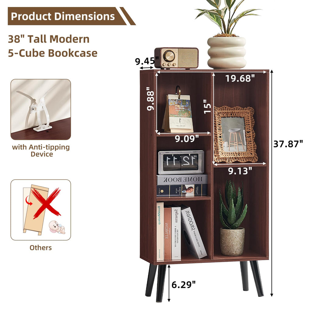 5 Cube Bookshelf, Mid-Century Modern Book Shelf with Legs, Walnut