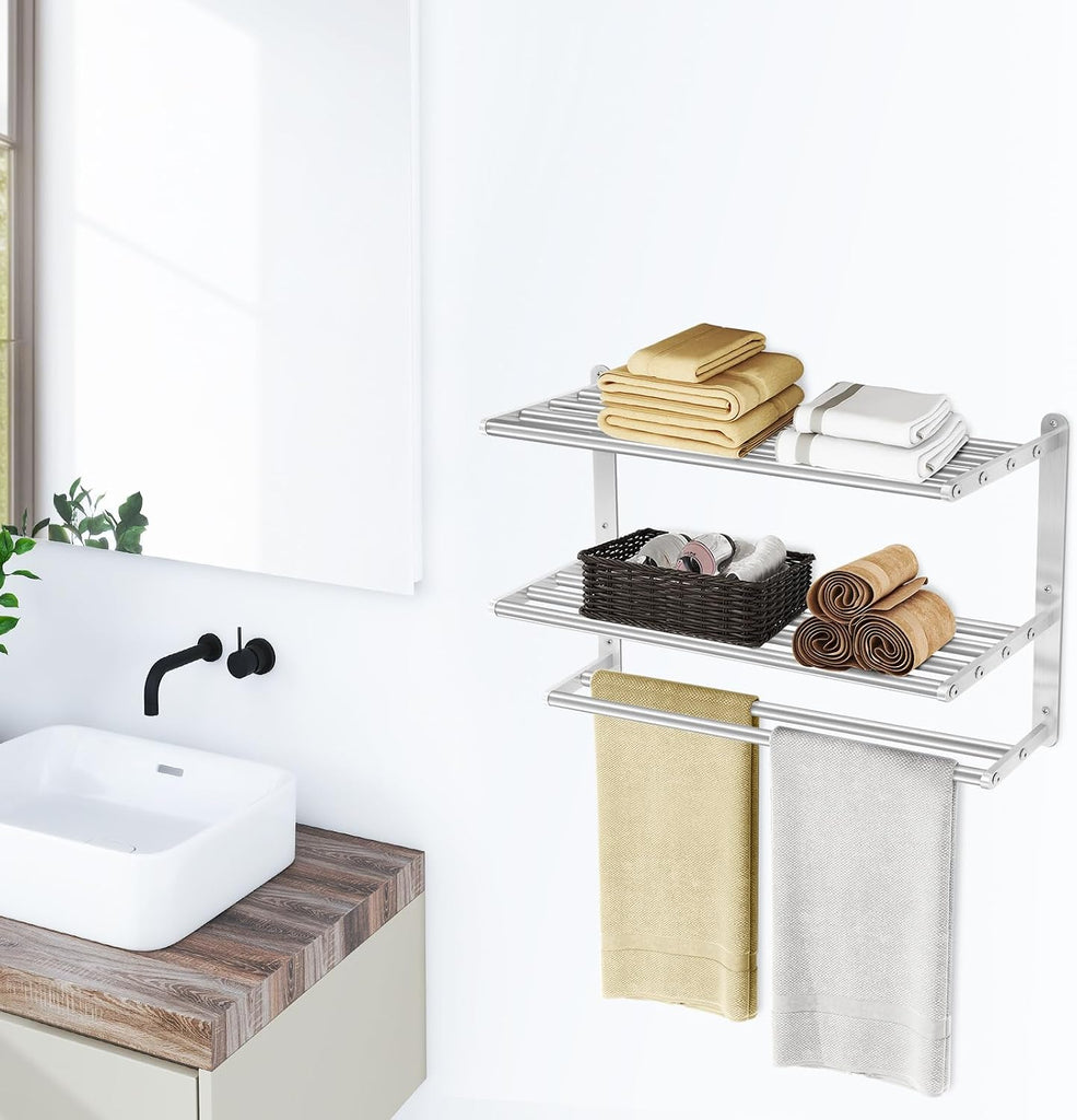 3 Tier Towel Racks Wall Mounted, 24 inch Bathroom Shelf with Towel Bar, Brushed Nickel Shelves for Towels, Stainless