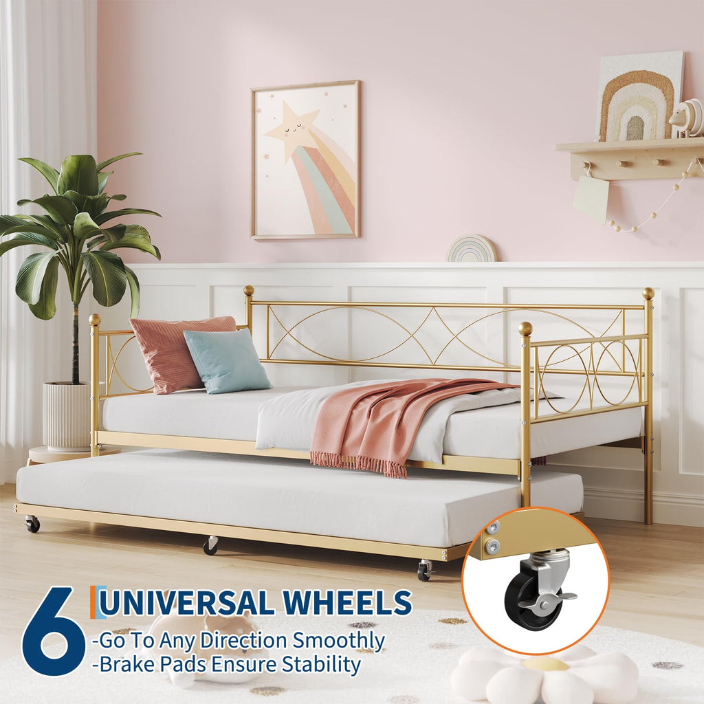 Metal Twin daybed with Trundle with Steel Slat Support