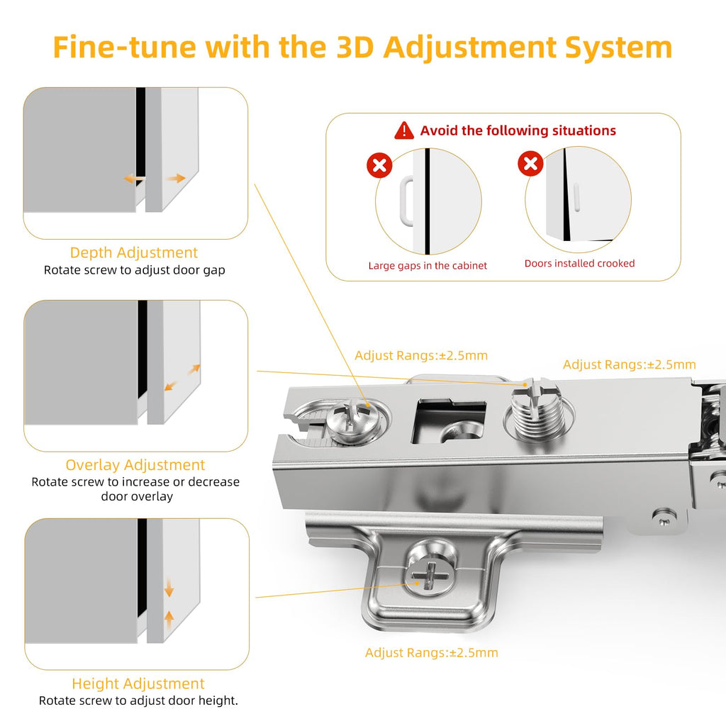 10 Pack Full Overlay Cabinet Hinges, Frameless, 105°, Self Closing