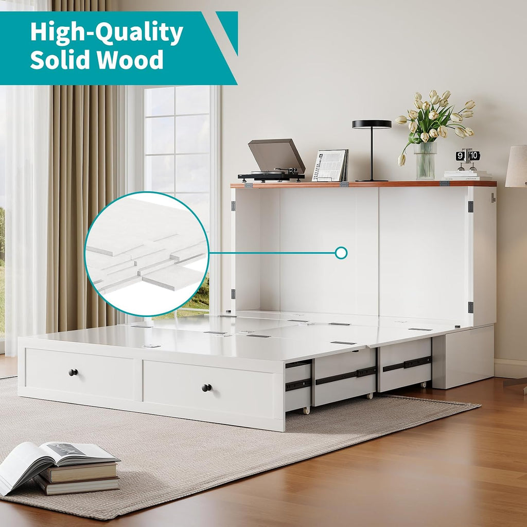 63.4" W Murphy Bed with Tri-Folding Mattress, Queen Murphy Bed with Built-in Charging Station, Queen Murphy Cabinet