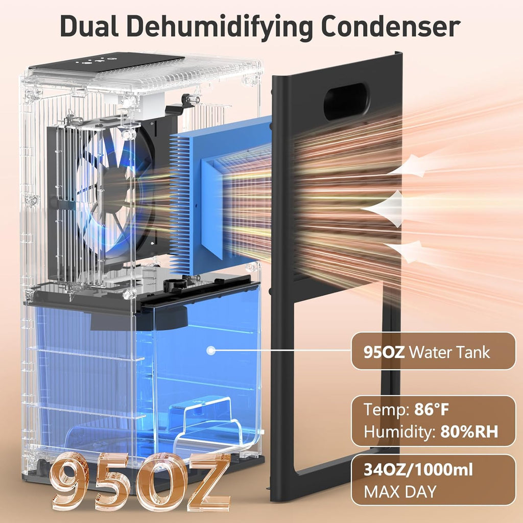 Dehumidifier, 95OZ Dehumidifier for Home 1000 Sq.Ft - Quiet with Auto Shut Off & Relaxing 7 Color Ambient Light