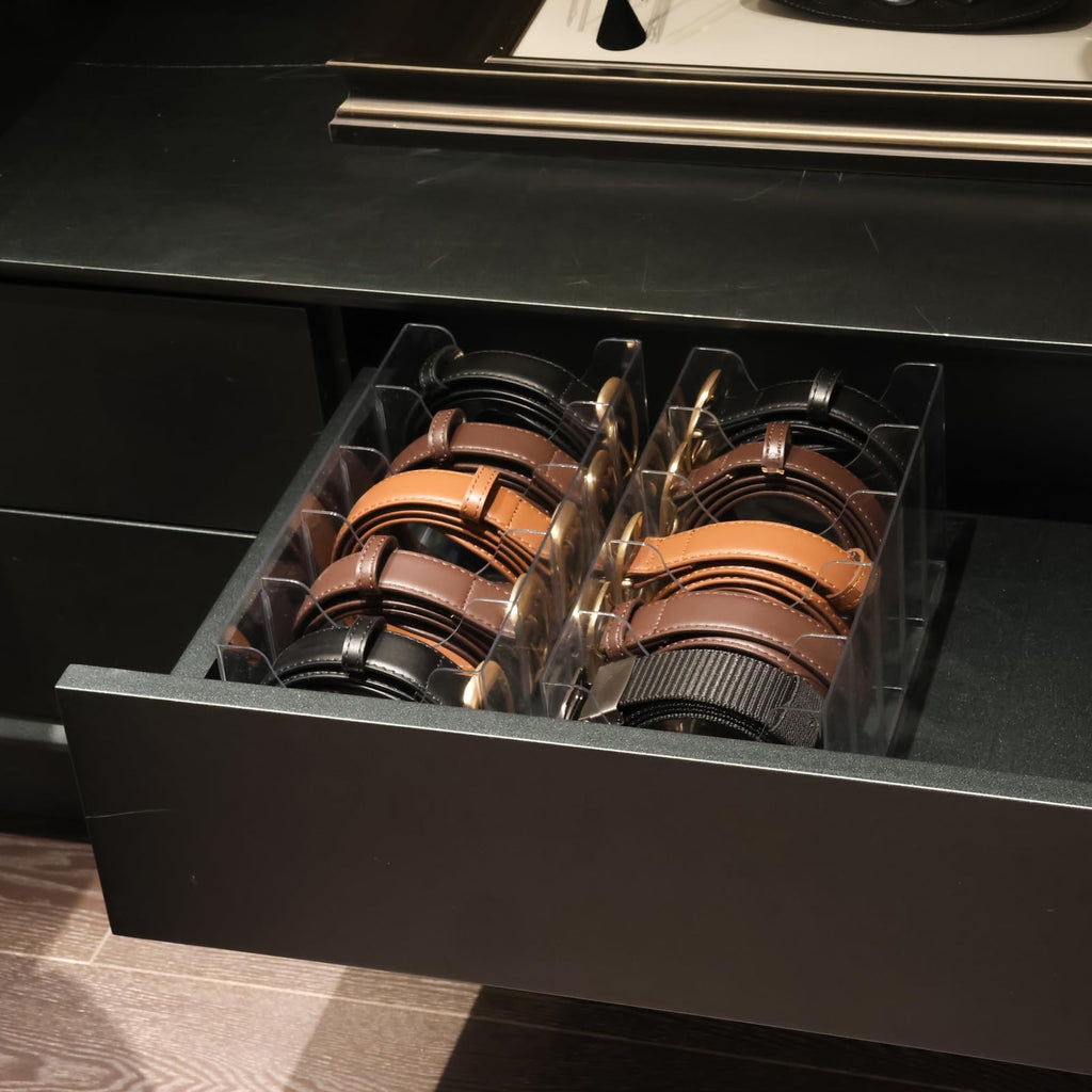 Belt Organizer - 2 Pack Clear Stackable Belt holder For Closet Drawer Storage - 5 Compartments with Removable
