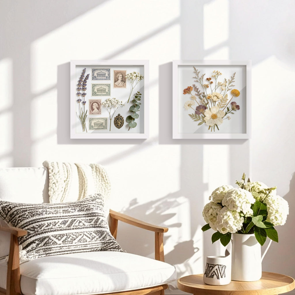 10x10 White Wooden Shadow Box Frame, Tempered Glass, 2 Pack